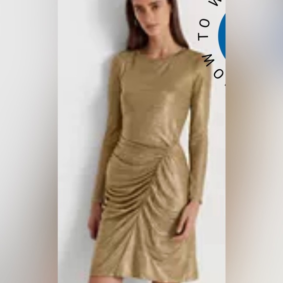 Long Sleeve Side Ruch Solid Foil Jersey Sheath Dress - Picture 1 of 5